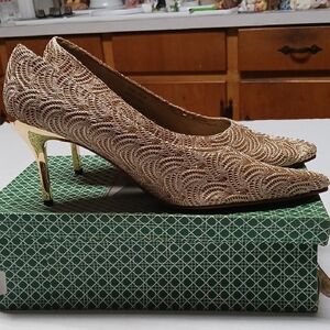 J. Renee Ashley Gold Lace Brocade Fabric Stiletto Pumps Metallic Heels Size 9.5